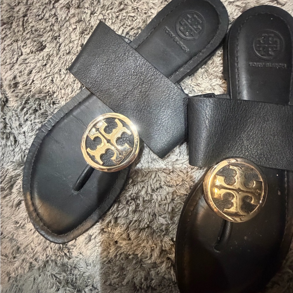 Tory Burch Black Leather Slide Sandals with Gold Logo Medallions